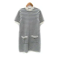 ザラ ZARA ニットワンピース ひざ丈 半袖 ボーダー柄 M 白 ホワイト 紺 ネイビー /SY48