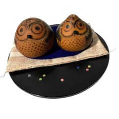 【中古】ひょうたん フクロウ 2個セット 縁起物 置物 インテリア 台座付き