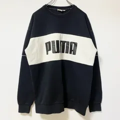 古着 used　PUMA プーマ　長袖フロントデザインスウェット　トレーナー　クルーネック　バイカラー　ネイビー　白　Mサイズ