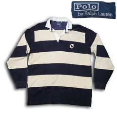 90s/00s POLO by Ralph Lauren ラガーシャツ ボーダー柄 Lサイズ レーヨン/コットン ポロシャツ 長袖 シールドロゴ ワッペン ネイビー/ベージュ