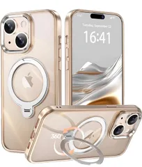 ★KMAMBNG iPhone 15 用 ケース Magsafe対応【耐衝撃・金属感・真空メッキ・黄変防止・ストラップホール付き】縦横両立 角度自在 調整可能 磁吸機能でワイヤレス充電対応 おしゃれ スマホケース (ローズゴールド, iPhone 15)