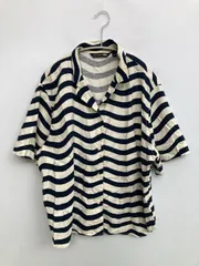 marimekko マリメッコ シャツ/ブラウス XL ネイビー コットン リネン・麻 ボーダー柄 ミドル丈 半袖 オープンカラー