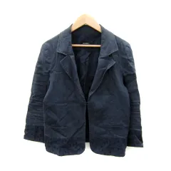 マックス&コー MAX&CO. オープンカラージャケット ミドル丈 無地 切替 刺繍 リネン 麻 4 S 紺 ネイビー /SY45