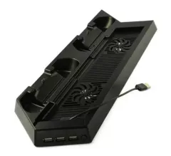 【中古】PS4ハード 多機能縦置きスタンド コントローラー2台充電 USBハブ3ポート 【騒音ファン無し/ブラック】