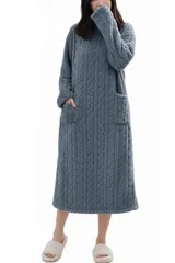 [MORE AUNI] ルームウェア レディース 部屋着 ワンピース パジャマ 着る毛布 もこもこ 冬 暖かい ロング丈 あったか 防寒 かわいい おしゃれ 大人可愛い プレゼント ギフト 贈り物 誕生日 クリスマス 彼女 友達 マタニティ [ブルー] [L]