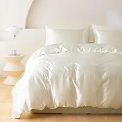 新品 布団カバー セット 涼感 おしゃれ ツルツル ボックスシーツ 冷感 夏用 シルクみたい サテン ツヤ 光沢 シングル レーヨン 柔らか 可愛い 布団カバーセット 優しい 肌触り 寝具 掛布団 おしゃれ 北欧 まくら 丸洗いOK 和式 洋式 (アイボリーフ