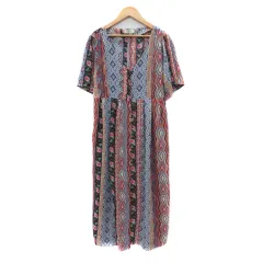 エヴリス EVRIS シャツワンピース ロング丈 半袖 Vネック 花柄 総柄 F マルチカラー 紺 ネイビー /YK29