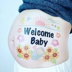 tuzuru マタニティフォトシール ベリーペイントシール ベビーシャワー タトゥーシール Welcome Baby 赤ちゃん お腹 練習用シール付き (S) 0