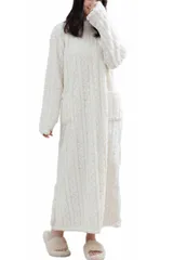 [MORE AUNI] ルームウェア レディース 部屋着 ワンピース パジャマ 着る毛布 もこもこ 冬 暖かい ロング丈 あったか 防寒 かわいい おしゃれ 長袖 ふわふわ フワモコ フリース ボア マイクロファイバー 裏起毛 ポケット付 [ホワイト] [M]