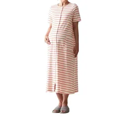 [ベルメゾン] マタニティパジャマ 授乳対応 2WAY 綿素材 半袖 前開き ワンピース ロンパース ルームウェア パジャマ 産前 産後 オフホワイト×サーモンピンクボーダー マタニティL～LL 0