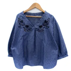 グローブ grove シャツ ブラウス 七分袖 Vネック ストライプ柄 刺繍 L 紺 ネイビー /SM1