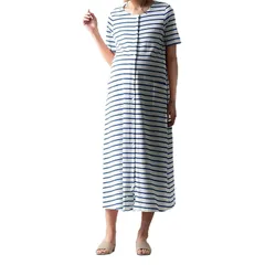 [ベルメゾン] マタニティパジャマ 授乳対応 2WAY 綿素材 半袖 前開き ワンピース ロンパース ルームウェア パジャマ 産前 産後 オフホワイト×ブルーボーダー マタニティM～L 0