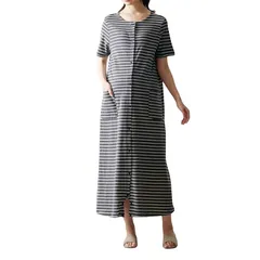 [ベルメゾン] マタニティパジャマ 授乳対応 2WAY 綿素材 半袖 前開き ワンピース ロンパース ルームウェア パジャマ 産前 産後 杢チャコール×オフホワイトボーダー マタニティM～L 0