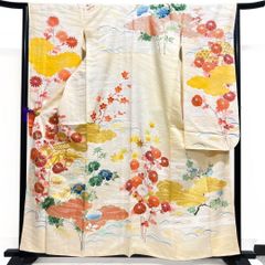 金駒刺繍 振袖 身丈161 裄67 アンティーク 菊花 正絹 着物 022b p 