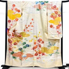 金駒刺繍　振袖　身丈161　裄67　アンティーク　菊花　正絹　着物　022b pのサムネイル