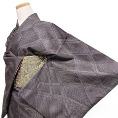 小紋 身丈169 裄69 格子文様 花織調 水玉 チェック 黒地 着物 063b 