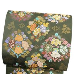 新品未使用】おりびと半幅帯 正絹 ベージュ 草花模様 朱色 緑 可愛い