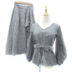 ミミ&ロジャー mimi&roger セットアップ 上下 ブラウス カットソー 七分袖 Vネック リボン フレアスカート ミモレ丈 アシンメトリー ギンガムチェック柄 36 S ブラック 黒 /YM7