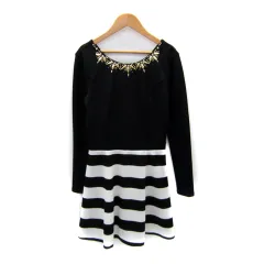 レディ Rady ワンピース ひざ丈 長袖 ラウンドネック 切替 ボーダー柄 ビジュー装飾 F 黒 ブラック 白 ホワイト /SY48
