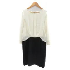 グリーンレーベルリラクシング ユナイテッドアローズ green label relaxing ドッキングワンピース ひざ丈 長袖 スリット 38 M オフホワイト 紺 ネイビー /YK20 