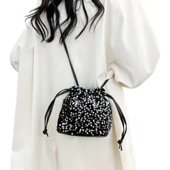 【新着商品】スパンコール 巾着 バッグ ミニ ハンドバッグ ショルダーバック オケージョンバッグ [NAMEOF] レディース ブラック シルバー 軽量 パーティー キラキラ 斜めがけ 肩掛け