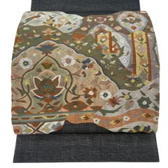 【美品】 袋帯 逸品 夏帯 紗 草花 鳥 金糸 墨色 お太鼓柄 正絹 【中古】