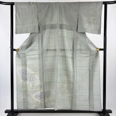 付下げ 身丈156.5cm 裄丈62cm S 単衣 紬地 葉柄 虫 ぼかし 灰緑 正絹 秀品 【中古】