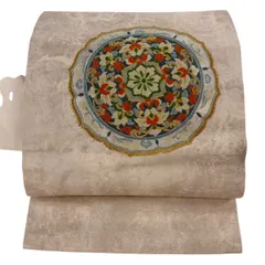 名古屋帯 優品 絵皿 華文 金糸 唐織 クリーム 正絹 【中古】