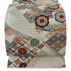 袋帯 名品 関西仕立て 花菱 亀甲 唐織 箔 クリーム 六通 正絹 【中古】