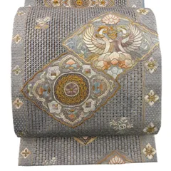 袋帯 逸品 向かい鳥 華文 刺繍 金糸 灰紫 六通 正絹 【中古】