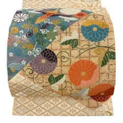 【美品】 袋帯 秀品 菊 花鳥 唐織 箔 クリーム 六通 正絹 【中古】