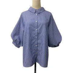 ナイスクラップ NICE CLAUP continuer de ブラウス シャツ スタンダード レースアップ ストライプ ボリュームスリーブ 七分袖 F 青 白 ブルー ホワイト