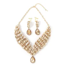 [ＫＫ　Ｓｏｌｉｓ] ネックレス イヤリングセット ピアス ブリーズクリスタル ドロップ型 モチーフ 大ぶり 演奏会 発表会 ベリーダンス 社交ダンス 首飾り ビジュ 高見え ショーアクセサリー (ゴールド・ネックレ [イヤリングセット・ネックレス/ゴールド]