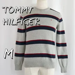 【美品】TOMMY HILFIGERトミーヒルフィガー スリムフィット ボーダー コットンニット セーター M グレー【古着】【中古】【送料無料】