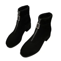 [SLOW＆MELLOW] レディース ショートブーツ スエード フロントファスナー カジュアル 韓国 アンクル 丈 チャンキーヒール 美脚 歩きやすい 秋 冬 きれいめ ブーツ ブーティー 軽量 黒 色 ブラック シンプル 厚底 お洒落  [24.0 cm]