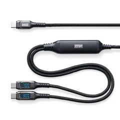 【新品】 サンワダイレクト Type-C 2in1 充電ケーブル PD100W 急速充電 電力表示 二股ケーブル 1.2m ブラック 500-USB098BK 0