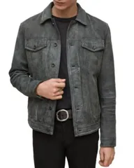 ジョンバルベイトス メンズ アウター ジャケット・ブルゾン スリムフィット レザー John Varvatos Andrew Slim Fit Leather Trucker Jacket Seal Gray グレー