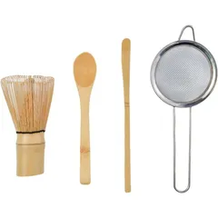 茶筅 百本立・茶杓・茶さじ・抹茶粉ふるい器 お抹茶 茶せん4点セット 竹製 抹茶 粉末 泡立て器 茶道具（4点セット）