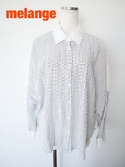 美品】melange ミントチョコ ドット柄 ボウタイブラウス ゆったりパフ 