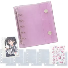 Alpha Depot シール帳 M5ミニバインダー 透明クリア 女の子向け はがせるシール収納 手帳型 5穴リング式 両面使えるポケット コレクション収納 (ラメ入りM5バインダー(パープル) +  [ラメ入りM5バインダー(パープル) + リフィル10枚]