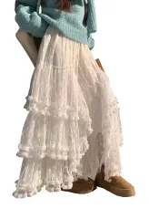 [ALL DAY Shining] フレアロングスカート ガーリー マキシ丈 フリル チュール ティアード レース ロリータ レイヤード レディース (JP, アルファベット, M, ホワイト) [ホワイト] [M]