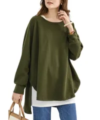 [グリーンパキラ] チュニック レディース 秋冬 着痩せ トップス 長袖 ゆったり お尻が隠れるトップス トレーナー スウェット カットソー 体型カバー 大きめ プルオーバー 重ね着 着回し シンプル 無地 秋服 冬服 (F [カーキ] [Free Size]