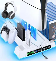 ◆【PS5/PS5 Slim/PS5 Pro対応】PS5 Slim 縦置き 冷却 スタンド 3段階風速調整PS5冷却ファン PS5 コントローラー 充電器 2台同時充電 充電指示ランプ付 ゲームディスク/ヘッドセット/ディスクドライブ/リモコン収納 プレステ5
