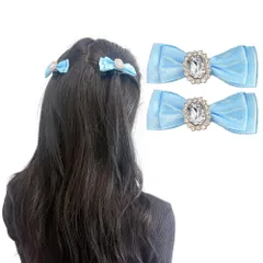 ゆめかわいい ゴスロリ ロリータ ヘアクリップ ブルー ヘアピン 2個セット ヘアアクセサリー ビジュー付きリボンクリップ W7cm×H2.5cm
