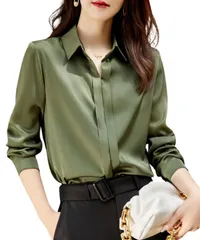 [グリーンパキラ] レディース ブラウス 長袖 きれいめ トップス シャツ 春 秋 冬 シャツブラウス スーツ インナー 襟付き Vネック 大きいサイズ オフィス 事務服 通勤 おしゃれ シンプル 無地 (XL, カーキ) [カーキ] [XL] [標準]
