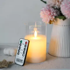 安全 省エネ ゆらゆら揺れる 専用リモコン付き 明るさ調整 火を使わない 電池式 暖色光 LEDキャンドル 本物の炎のようにゆらめく ガラス ロウソク （直径7.5cm×高さ10cm） LEDキャンドルライト (ホワイト)