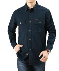 [Lunenon Soleil] メンズ 長袖 ワークシャツ 大きいサイズ 綿100% ゆったり 無地 薄手 春秋 アウター シャツジャケット カジュアル M〜3XL対応 (JP, アルファベット, 2XL, ダークブルー) [ダークブルー] [2XL]