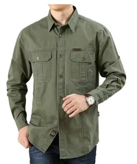 [Lunenon Soleil] メンズ 長袖 ワークシャツ 大きいサイズ 綿100% ゆったり 無地 薄手 春秋 アウター シャツジャケット カジュアル M〜3XL対応 (JP, アルファベット, L, アーミーグリーン) [アーミーグリーン] [L]