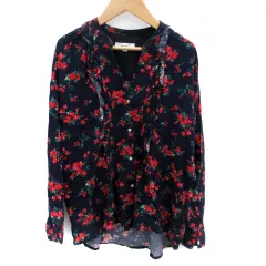 ニコアンド Niko and.. シャツ ブラウス 長袖 スリットネック 花柄 フリル L マルチカラー 紺 ネイビー 赤 レッド /SM16