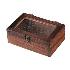 Azmio 小物入れ 蓋付き 木製 ジュエリーボックス アンティーク パターンガラス 木箱 (S 12㎝×18㎝) [並行輸入品] [S　12㎝×18㎝]